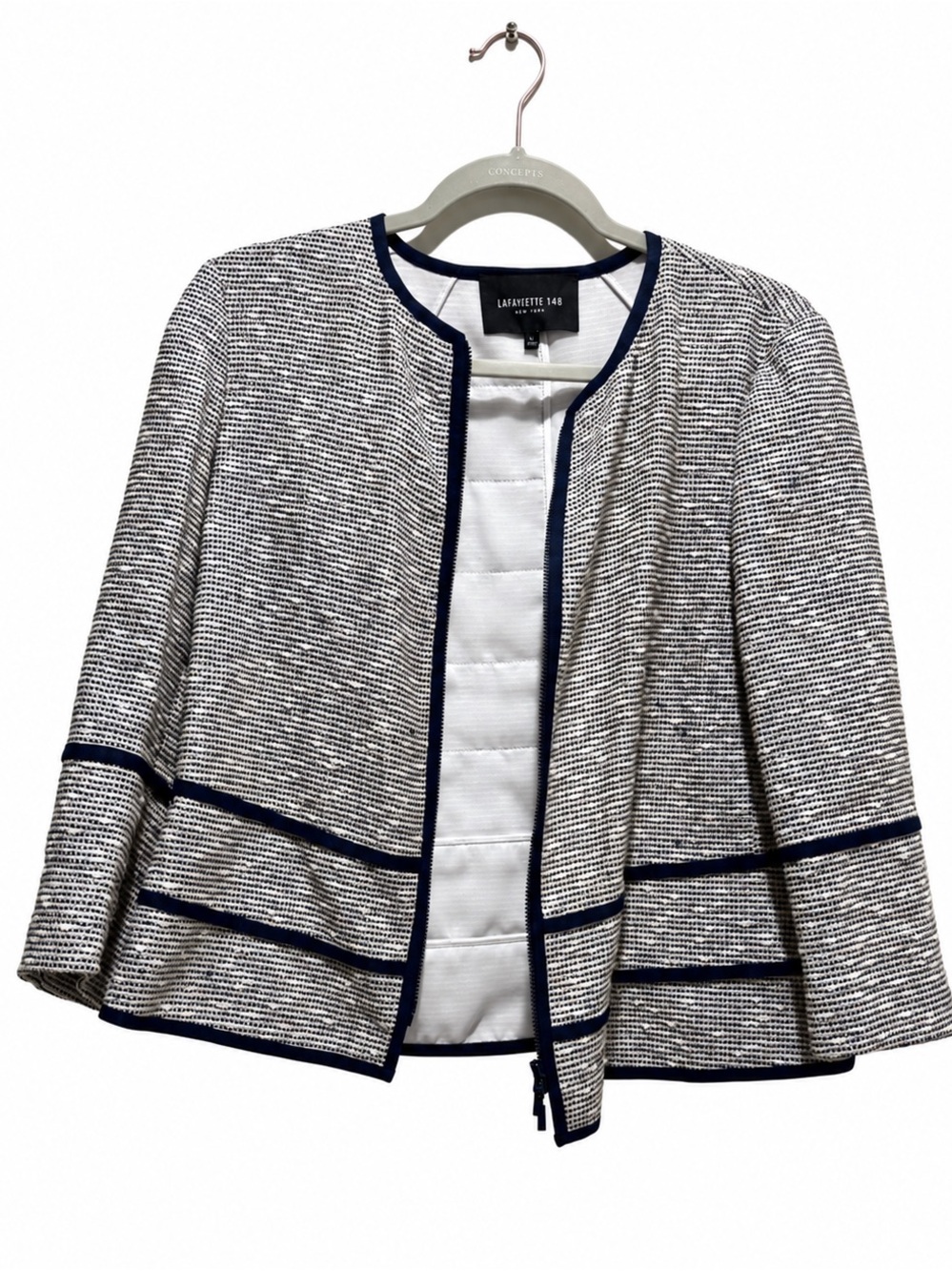 Lafayette 148 New York Navy Ivory Tweed Zip Front Jacket L